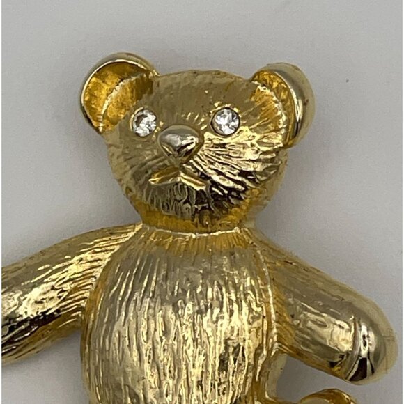 Teddy Bear Brooch Gold Tone Clear Rhinestone Eyes 2" - Picture 2 of 9